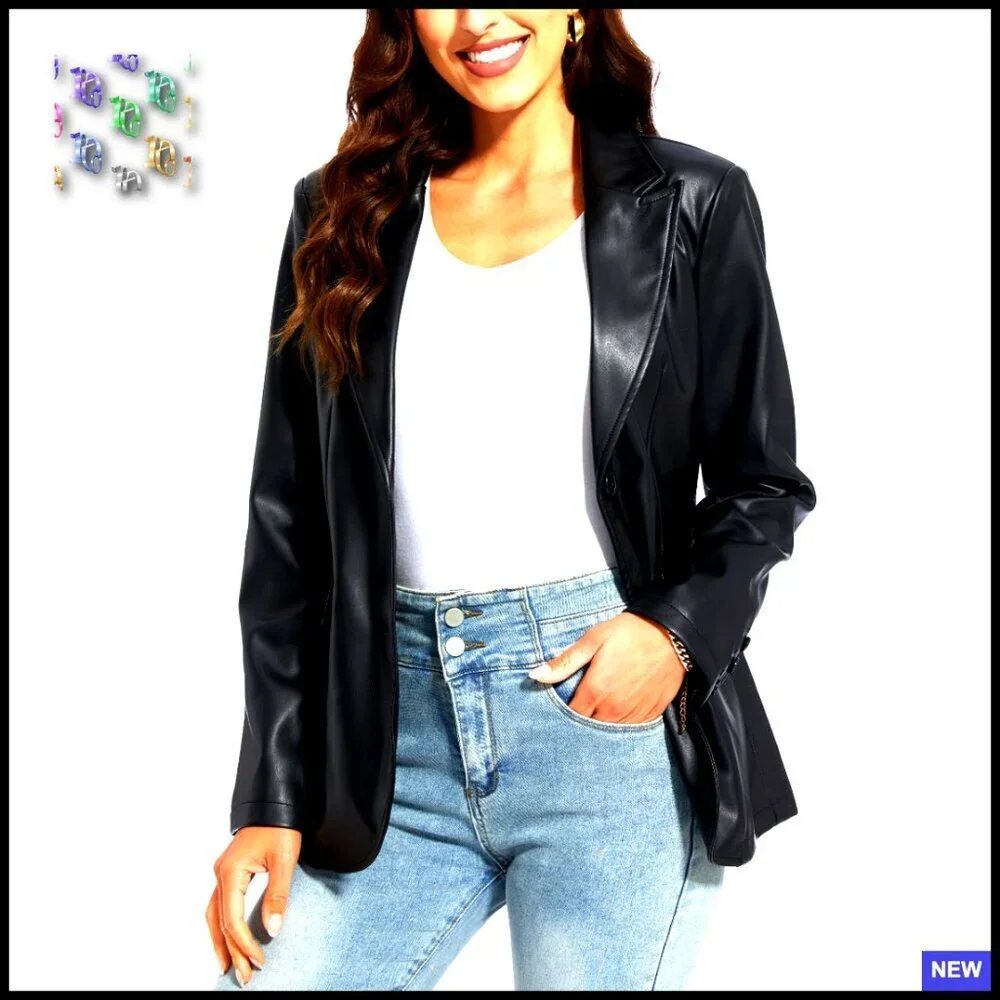 Faux Leather Blazer Jacket Oversized Moto Biker Coat Vegan Pleather Chic